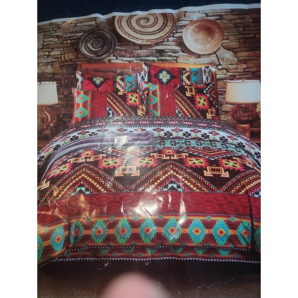 New Bag 3pc Duvet Cover Set Full Queen Red Aztec Tribal Southwestern Boho 88x84